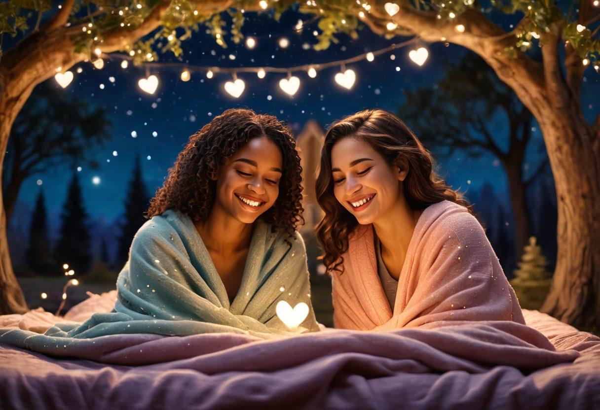 A warm and inviting scene depicting diverse individuals sharing heartfelt moments, wrapped in cozy blankets under soft fairy lights. The backdrop features whimsical trees and a starry sky, symbolizing connection and fondness. Visual elements should include subtle heart shapes in the air, enhancing the emotional atmosphere. Characters are engaged in deep conversations, showcasing smiles and genuine expressions of affection. vibrant colors. soft focus.