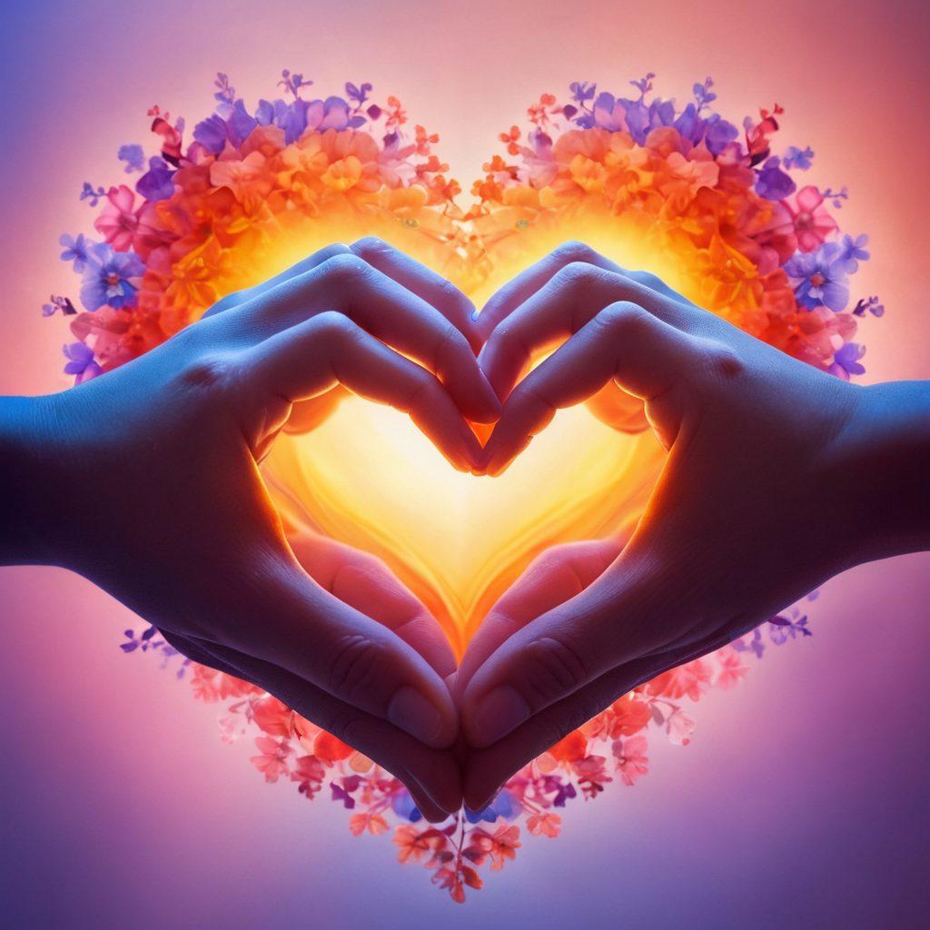 A heart-shaped spectrum blending warm and cool colors, symbolizing the different layers of intimacy in love. Surround the heart with elements like intertwined hands, subtle silhouettes of couples, and delicate flowers, representing passion and devotion. Soft, glowing light accentuates the energy of love and connection. ethereal, vibrant colors, soft focus.