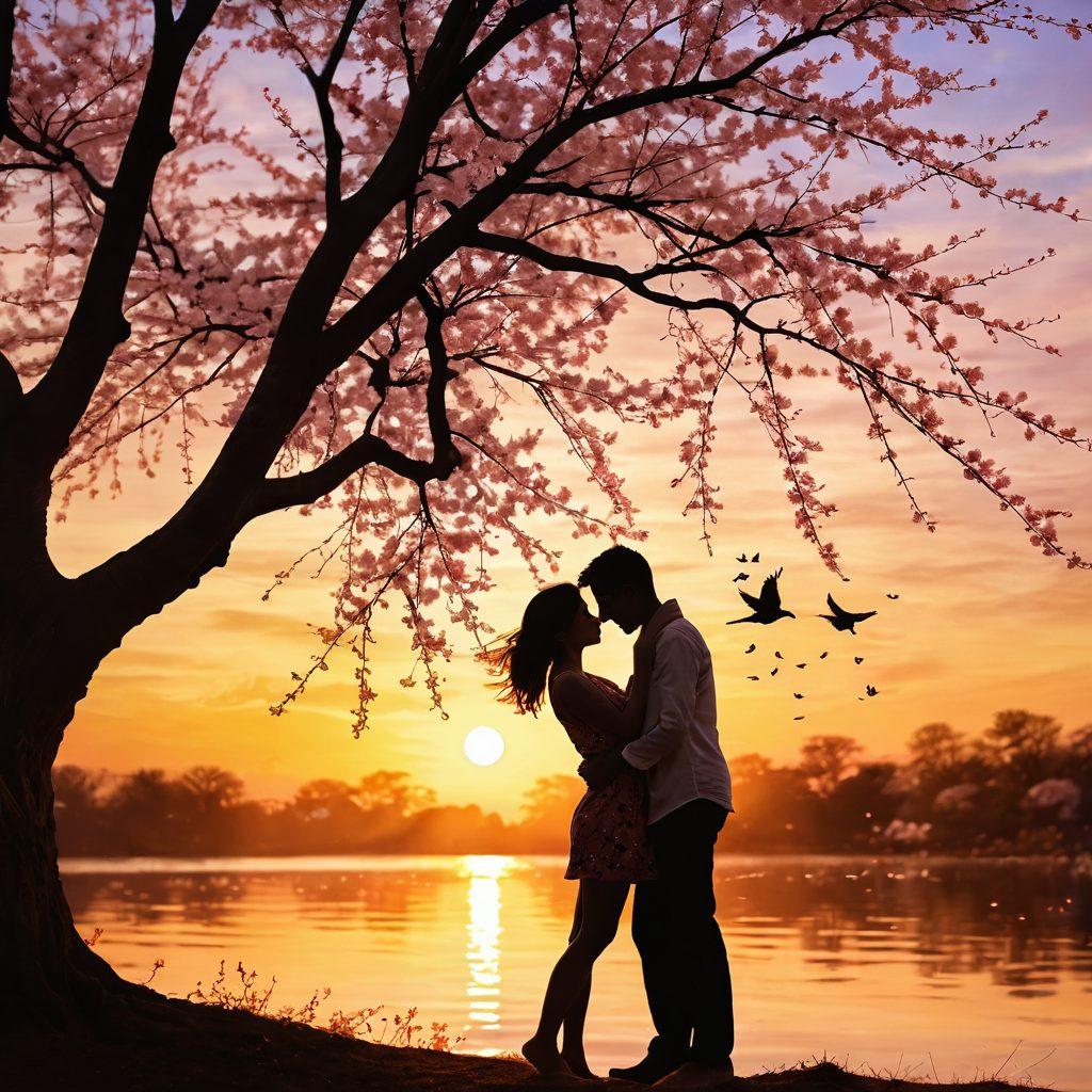 A serene scene depicting a couple embracing under a blooming cherry blossom tree, petals softly falling around them, symbolizing deep affection and intimacy. The background features a sunset with warm hues casting gentle light upon their joyful faces, enhancing the romantic atmosphere. Include soft silhouettes of birds in flight, representing freedom in love. painterly style. vibrant colors. soft focus.